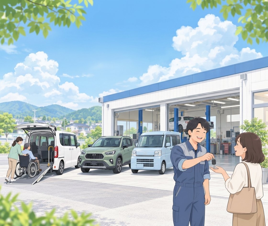 整備工場の前で代車の鍵を受け取るお客様と、車いすで福祉車両に乗り込む様子のイラスト